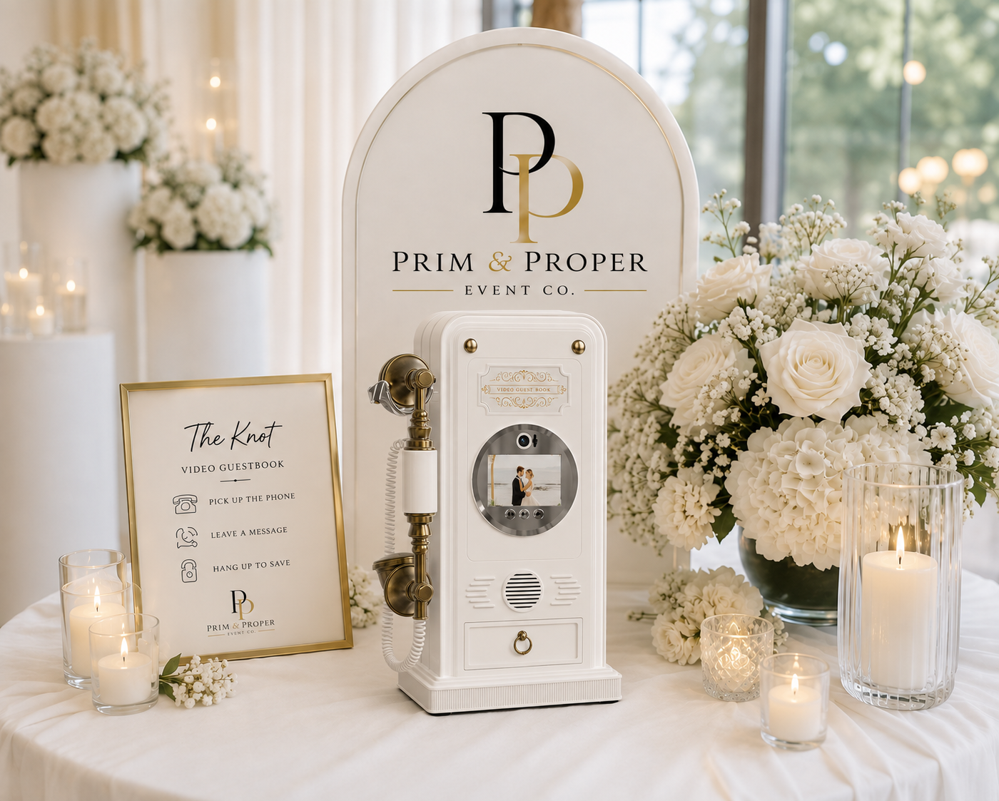 White video guestbook telephone in a cream event setting