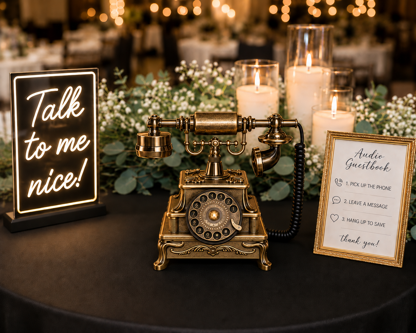 Brass telephone with an elegant black and gold event setup