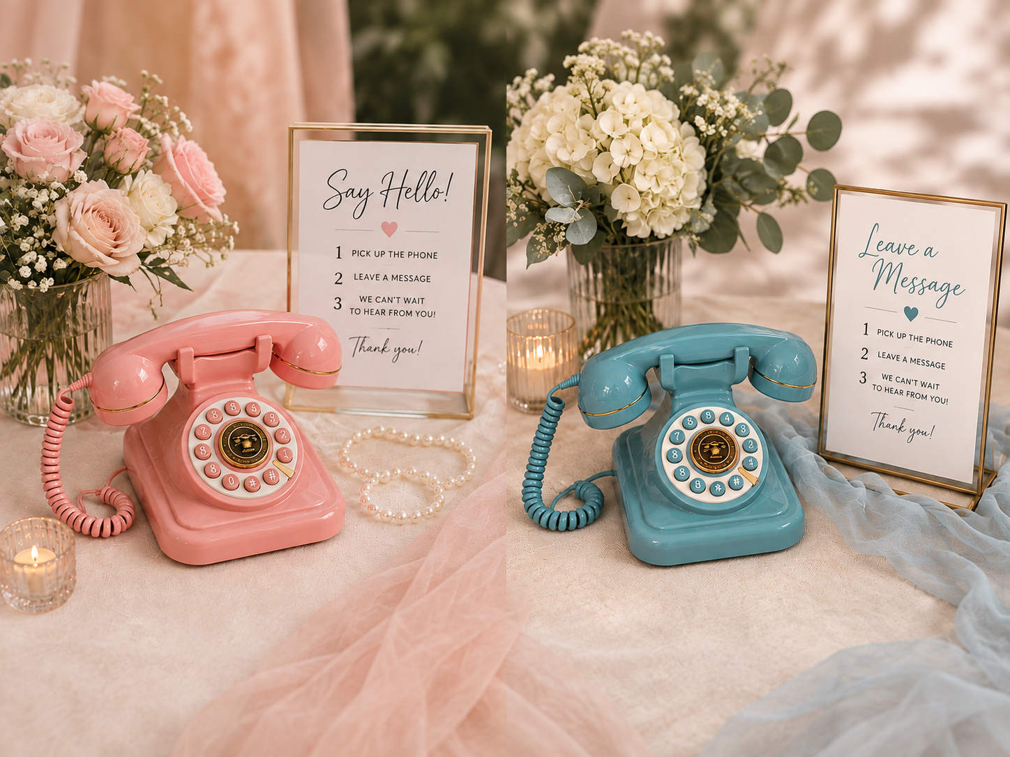 Pink and blue vintage style audio guestbook telephones