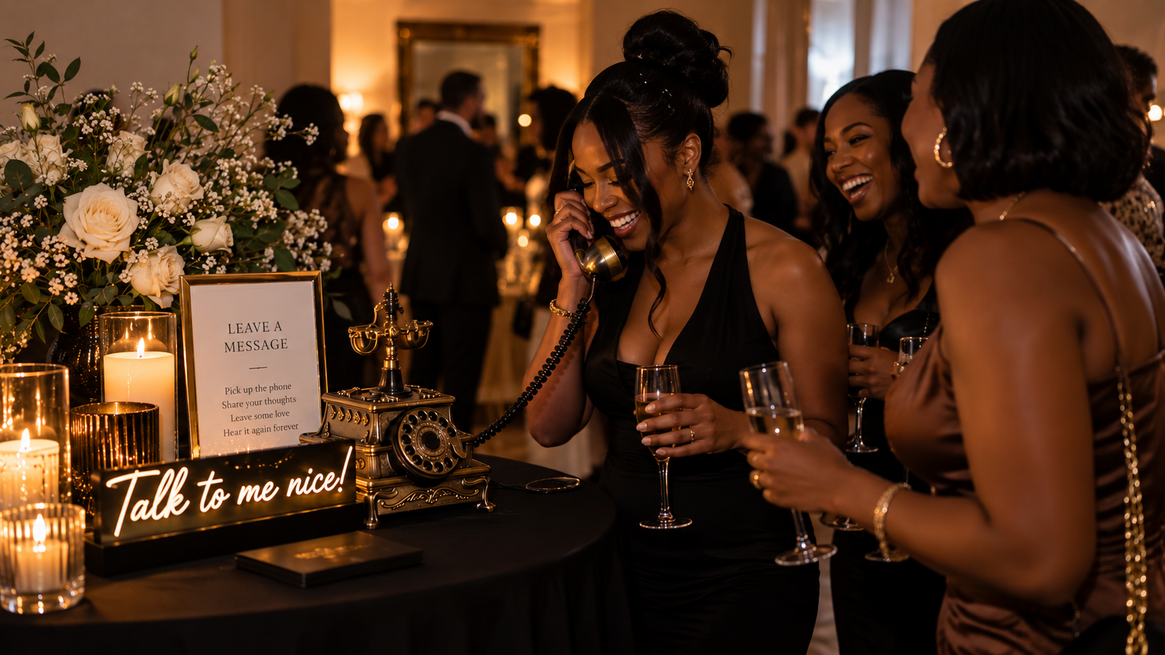 Women laughing as one guest leaves a message on a brass audio guestbook phone at an event table